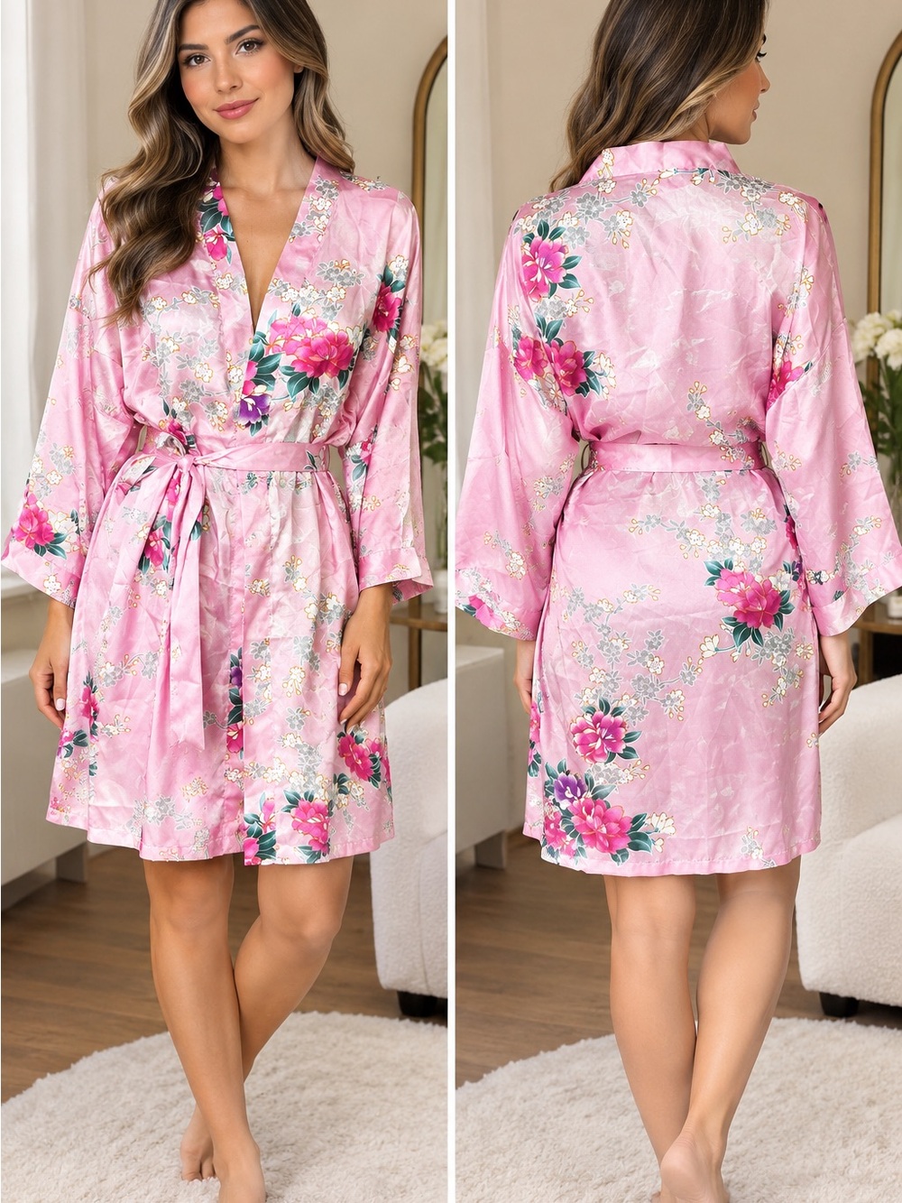 Floral Satin Kimono Robe - Pink